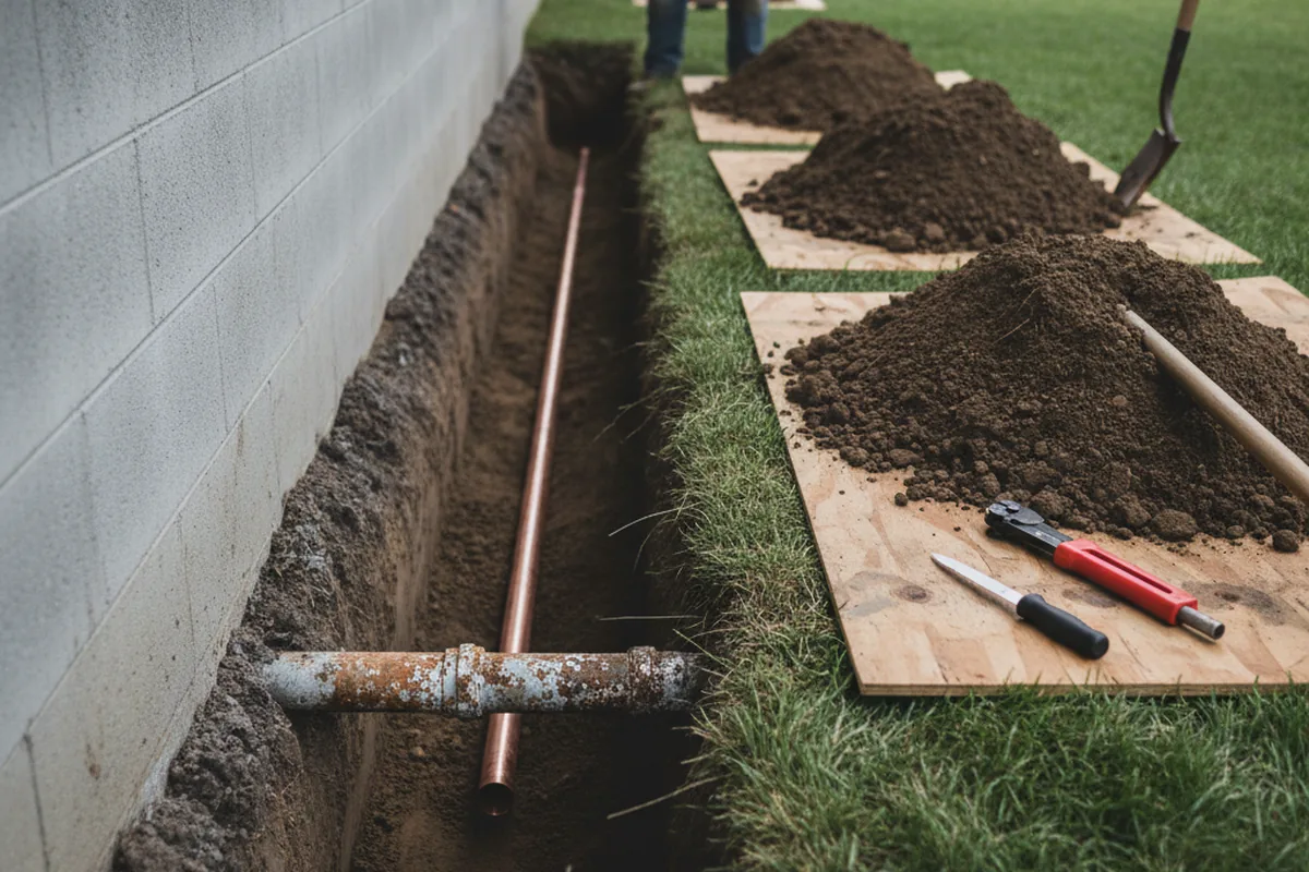 Excavated water line trench during Sewer Line Repair in Masury